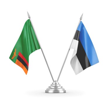 Estonya ve Zambiya masa bayrakları beyaz 3D görüntüleme üzerinde izole edildi