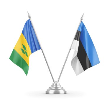 Estonya ve Saint Vincent ve Grenadine masa bayrakları beyaz üzerine izole edildi