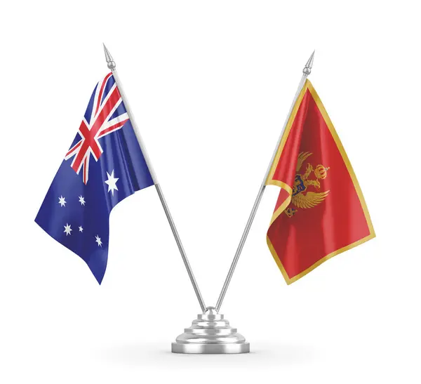 黑山和澳大利亚在白色3D渲染上隔离的桌旗 — 图库照片