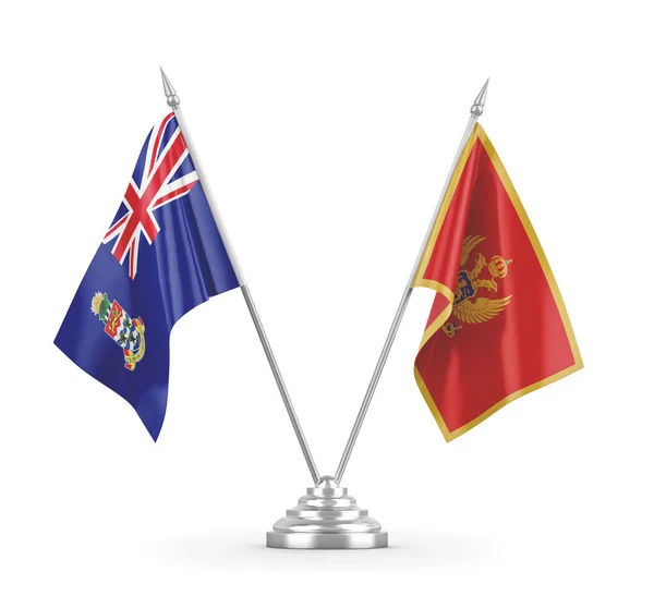 Bandeiras de mesa Montenegro e Ilhas Cayman isoladas em renderização 3D branca — Fotografia de Stock