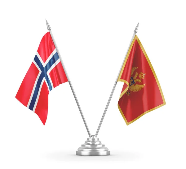 Banderas de mesa Montenegro y Noruega aisladas en renderizado 3D blanco —  Fotos de Stock