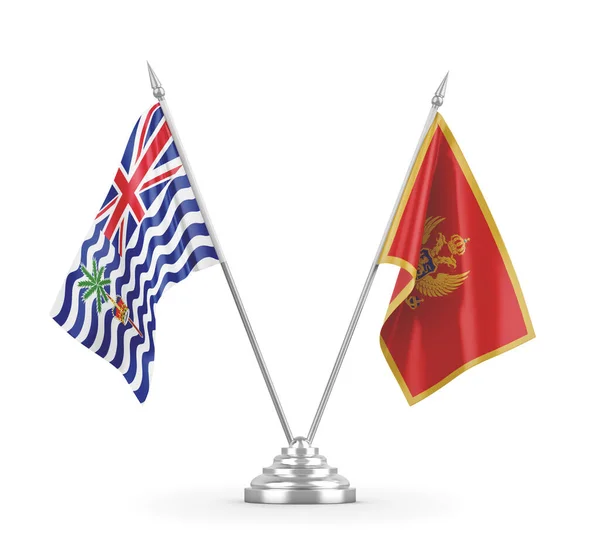Bandeiras de mesa do Montenegro e do Território Índico Britânico isoladas em branco — Fotografia de Stock