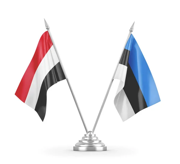 Banderas de mesa Estonia y Yemen aisladas en renderizado 3D blanco — Foto de Stock