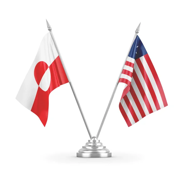 Bandeiras de mesa da Libéria e Groenlândia isoladas em renderização 3D branca — Fotografia de Stock
