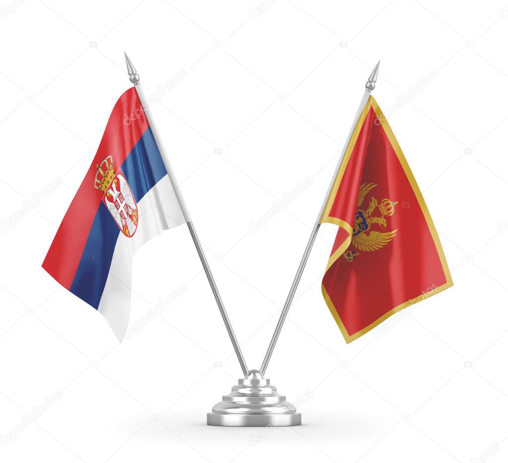 Montenegro and Serbia table flags isolated on white 3D rendering