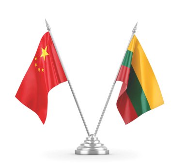 Litvanya ve Çin masa bayrakları beyaz 3D görüntüleme üzerinde izole