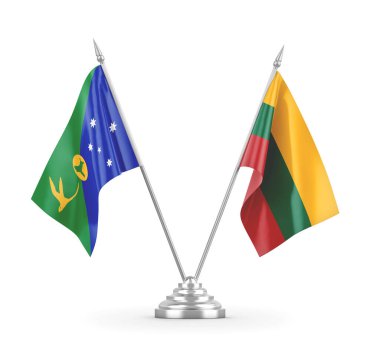 Litvanya ve Christmas Island masa bayrakları beyaz 3D görüntüleme üzerinde izole edildi