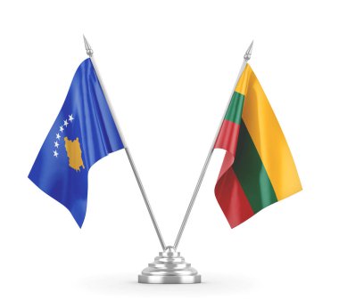 Litvanya ve Kosova masa bayrakları beyaz 3D rendelemeye izole edildi