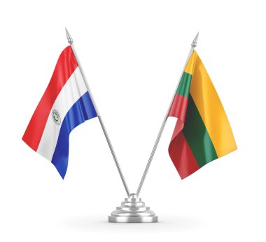 Litvanya ve Paraguay masa bayrakları beyaz 3D görüntüleme üzerinde izole edildi