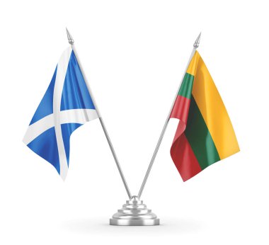 Litvanya ve İskoçya masa bayrakları beyaz 3D görüntüleme üzerinde izole edildi