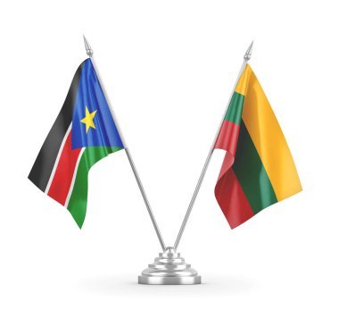 Litvanya ve Güney Sudan masa bayrakları beyaz 3D görüntüleme üzerinde izole