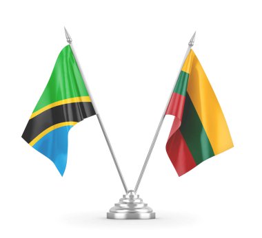 Litvanya ve Tanzanya masa bayrakları beyaz 3D görüntüleme üzerinde izole