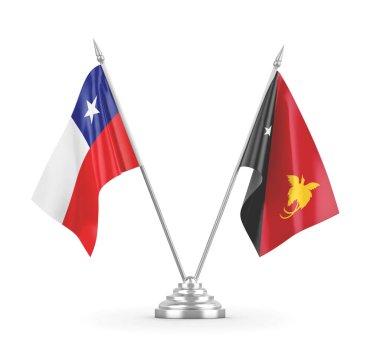 Papua Yeni Gine ve Şili masa bayrakları beyaz 3D görüntüleme üzerinde izole edildi