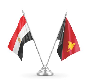 Papua Yeni Gine ve Mısır masa bayrakları beyaz 3D görüntüleme üzerinde izole