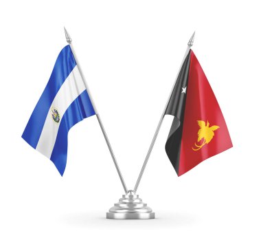 Papua Yeni Gine ve El Salvador masa bayrakları beyaz 3D görüntüleme