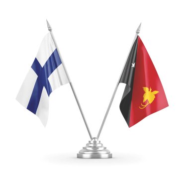 Papua Yeni Gine ve Finlandiya masa bayrakları beyaz 3D görüntüleme üzerinde izole edildi