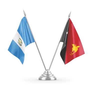 Papua Yeni Gine ve Guatemala masa bayrakları beyaz 3D görüntüleme üzerinde izole edildi