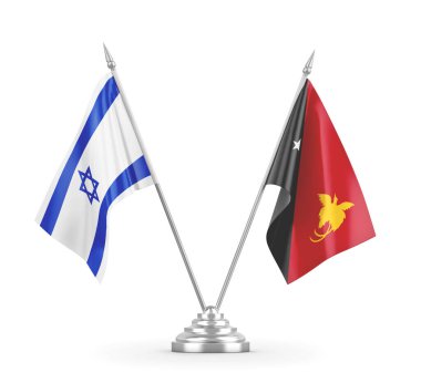 Papua Yeni Gine ve İsrail masa bayrakları beyaz 3D görüntüleme üzerinde izole edildi