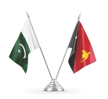 Papua Yeni Gine ve Pakistan masa bayrakları beyaz 3D görüntüleme üzerinde izole