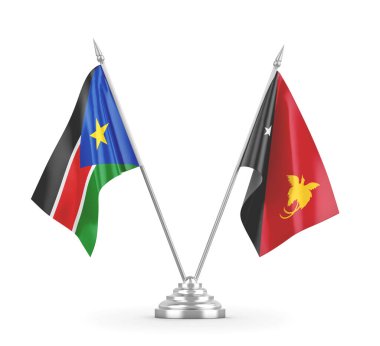 Papua Yeni Gine ve Güney Sudan masa bayrakları beyaz 3D görüntüleme üzerinde izole edildi