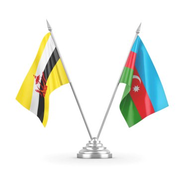 Azerbaycan ve Brunei masa bayrakları beyaz 3D görüntüleme üzerinde izole