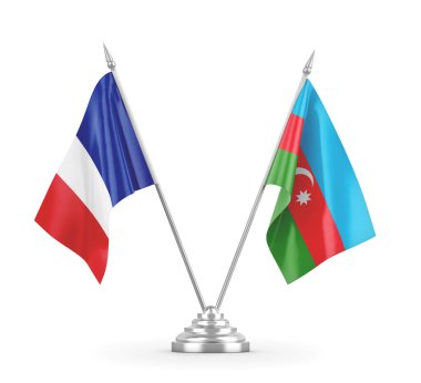 Azerbaycan ve Fransa masa bayrakları beyaz 3D görüntüleme üzerinde izole edildi
