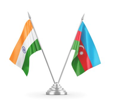 Azerbaycan ve Hindistan masa bayrakları beyaz 3D görüntüleme üzerinde izole