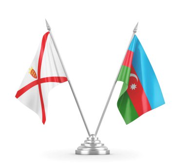 Azerbaycan ve Jersey masa bayrakları beyaz 3D görüntülerde izole edildi
