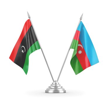 Azerbaycan ve Libya masa bayrakları beyaz 3D görüntüleme üzerinde izole edildi
