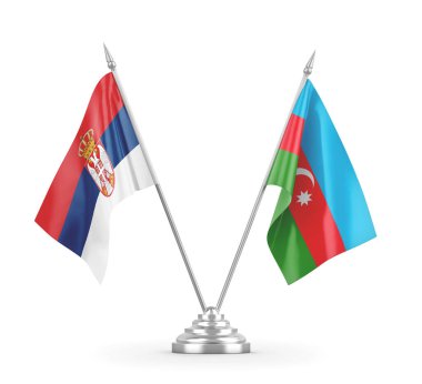 Azerbaycan ve Sırbistan masa bayrakları beyaz 3D görüntüleme üzerinde izole edildi