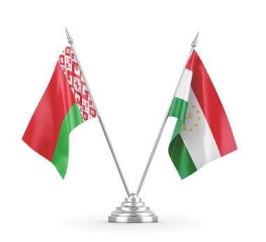 Tacikistan ve Belarus masa bayrakları beyaz 3D görüntüleme üzerinde izole edildi 