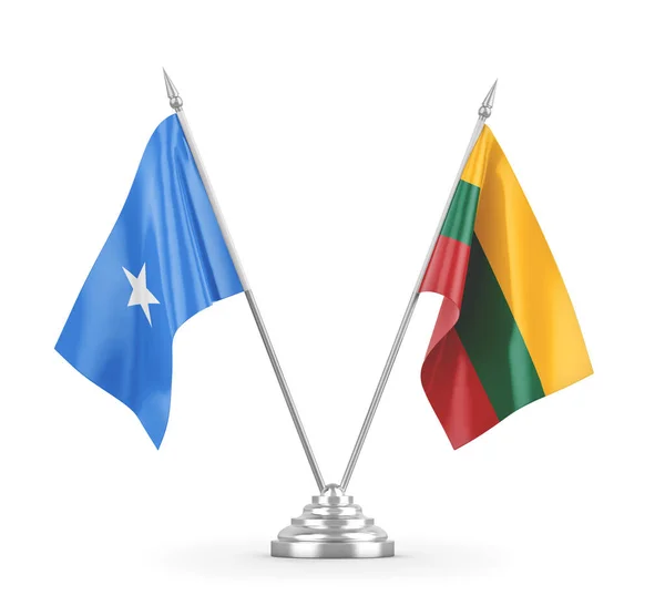 Banderas de mesa Lituania y Somalia aisladas en renderizado 3D blanco — Foto de Stock