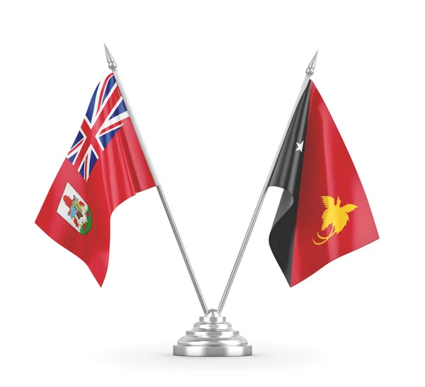 Bandeiras de mesa Papua-Nova Guiné e Bermudas isoladas em renderização 3D branca — Fotografia de Stock