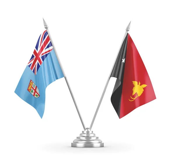 Banderas de mesa Papua Nueva Guinea y Fiji aisladas en renderizado 3D blanco — Foto de Stock