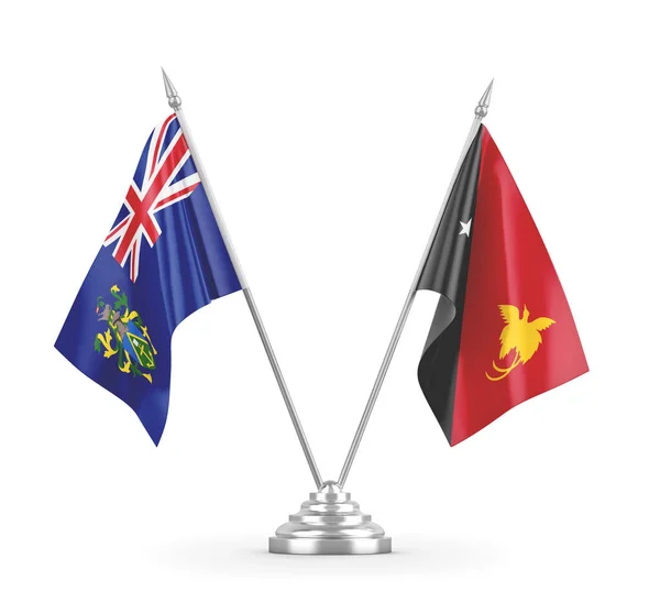 Bandeiras de tabela Papua-Nova Guiné e Ilhas Pitcairn isoladas em renderização 3D branca — Fotografia de Stock