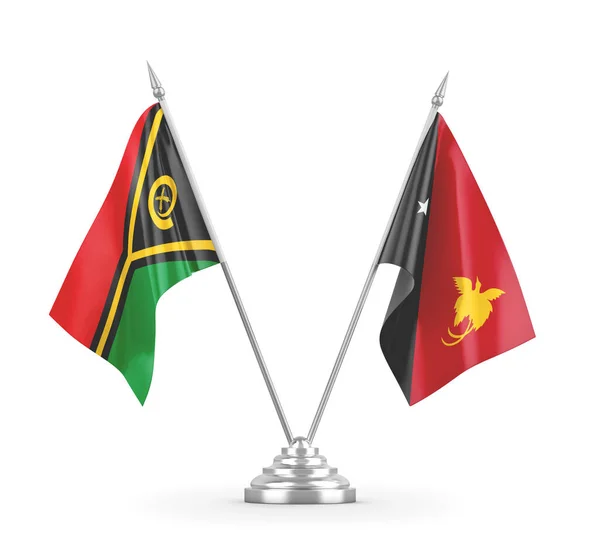 Banderas de mesa Papua Nueva Guinea y Vanuatu aisladas en renderizado 3D blanco —  Fotos de Stock