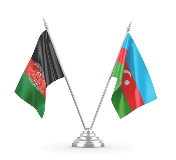 Banderas de mesa Azerbaiyán y Afganistán aisladas en representación 3D blanca — Foto de Stock