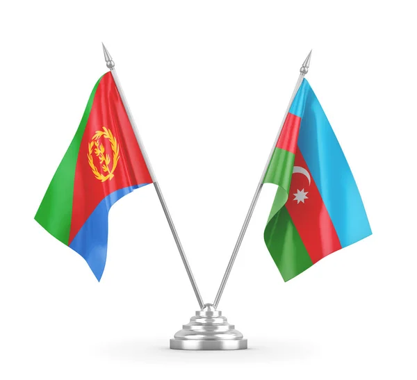 Banderas de mesa Azerbaiyán y Eritrea aisladas en renderizado 3D blanco — Foto de Stock