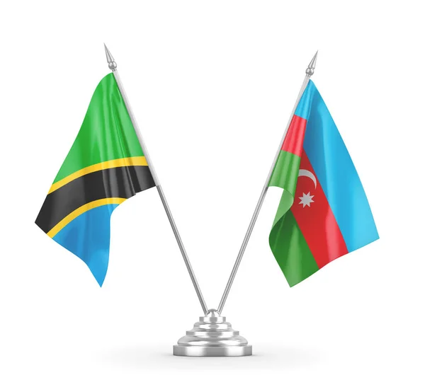 Banderas de mesa Azerbaiyán y Tanzania aisladas en renderizado 3D blanco — Foto de Stock