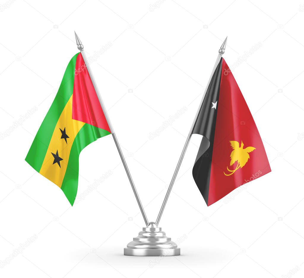 Papua New Guinea and Sao Tome and Principe table flags isolated on white
