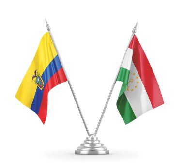 Tacikistan ve Ekvador masa bayrakları beyaz 3D görüntüleme üzerinde izole edildi