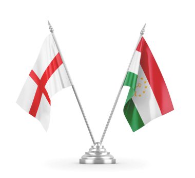 Tacikistan ve İngiltere masa bayrakları beyaz 3D görüntüleme üzerinde izole edildi