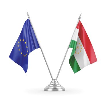 Tacikistan ve Avrupa Birliği bayrakları beyaz 3D görüntüleme üzerinde izole edildi