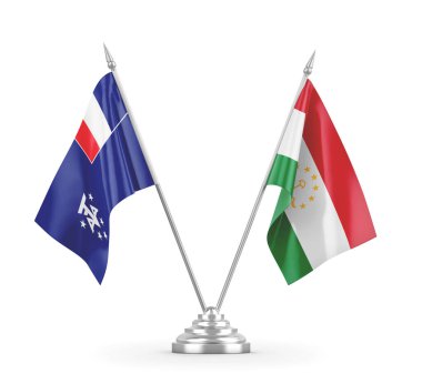 Tacikistan ve Fransız Güney ve Antarktika 'nın masa bayrakları beyaz üzerine izole edildi