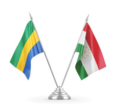 Tacikistan ve Gabon masa bayrakları beyaz 3D görüntüleme üzerinde izole edildi