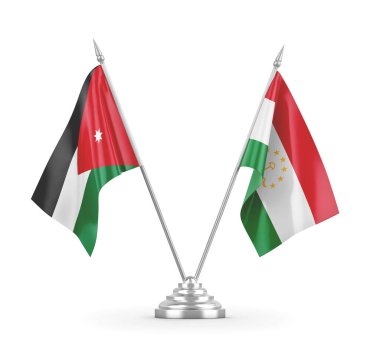 Tacikistan ve Ürdün masa bayrakları beyaz 3D görüntüleme üzerinde izole edildi