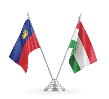 Tacikistan ve Lihtenştayn masa bayrakları beyaz 3D görüntüleme üzerinde izole edildi