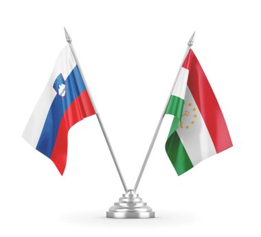 Tacikistan ve Slovenya masa bayrakları beyaz 3D görüntüleme üzerinde izole edildi