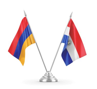 Paraguay ve Ermenistan masa bayrakları beyaz 3D görüntüleme üzerinde izole edildi 