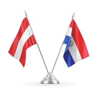 Paraguay ve Avusturya masa bayrakları beyaz 3D görüntüleme üzerinde izole edildi 